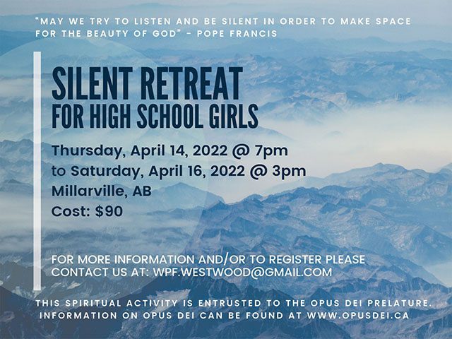 Silent Retreat for High School Girls – April 14-16th